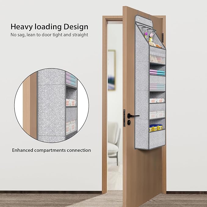 Univivi 5-Shelf Door Storage Over Door Hanging Organizer with 4 Large Pockets and 3 Small PVC Pockets Nursery Closet Cabinet Wall Mount Hanging Storage Organizers for Baby Nursery (Grey Pattern)