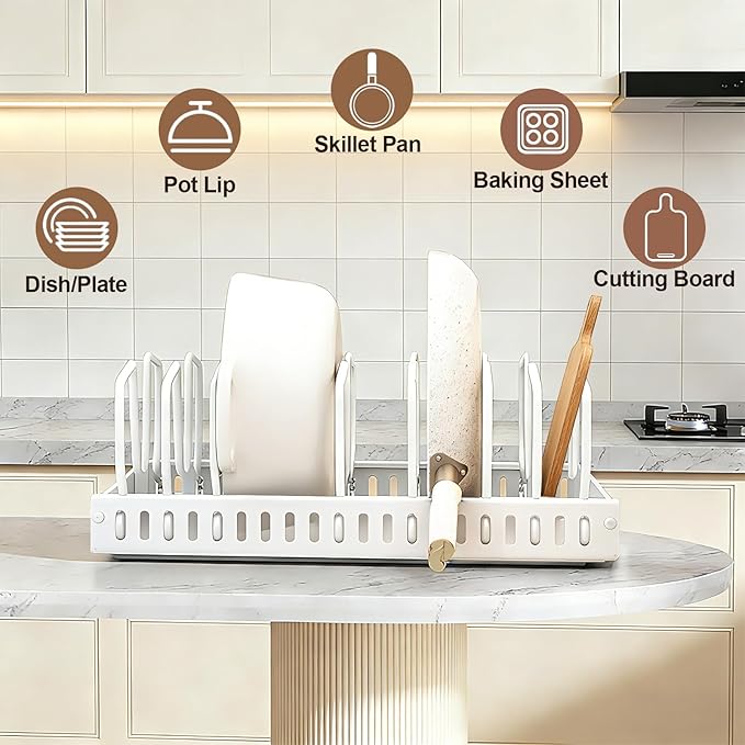 Pot and Pan Organizer under Cabinet Pull Out,Pot Lid Holder for Kitchen, Cookware Storage Rack with Slide Rails,Slide-out Drawer, White