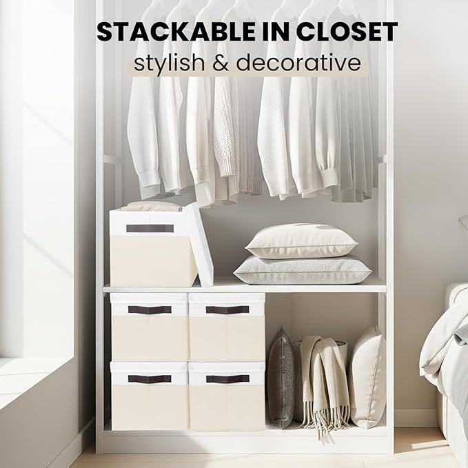 Large Closet Organizer Bins with Lids 8 Pack - Nursery Storage Baskets for Shelves Bedroom Dorm - Stackable RV Closet Organization Cubes Box with Handles for Clothes Purse Blanket Towel Magazine