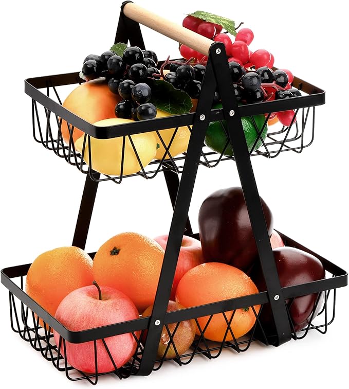 Dicunoy Metal Storage Basket with Handles, 2 Tier Wire Snack Organizer Bin for Office Cournertop, Rustic Black Basket for Home, Kitchen, Pantry, Fruit, Coffee, Pasta, Bathroom, Living Room