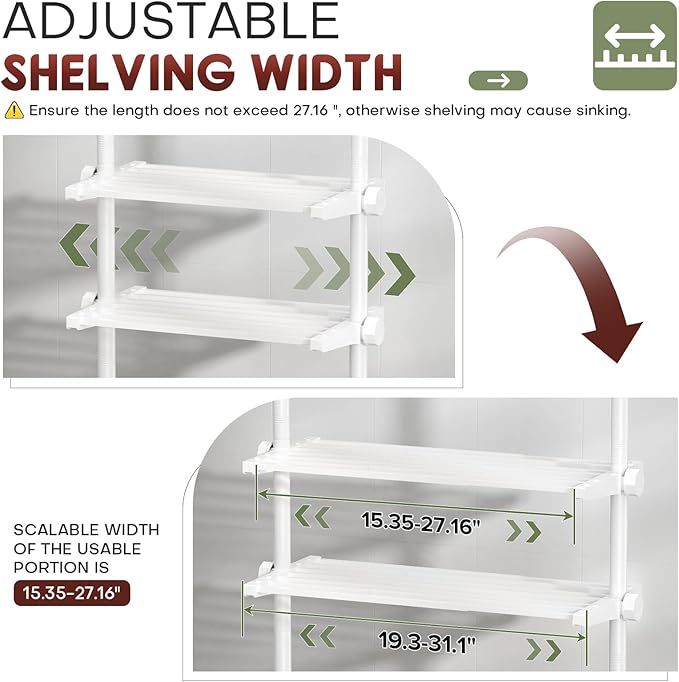 Goovilla Over The Toilet Storage Shelf, 4 Tier Bathroom Organizer Shelves with 64-124inch(H) 15-27inch(W) Adjustable No Drilling Tension Mounting, White Space Saver Bathroom Shelf Rack Above Toilet