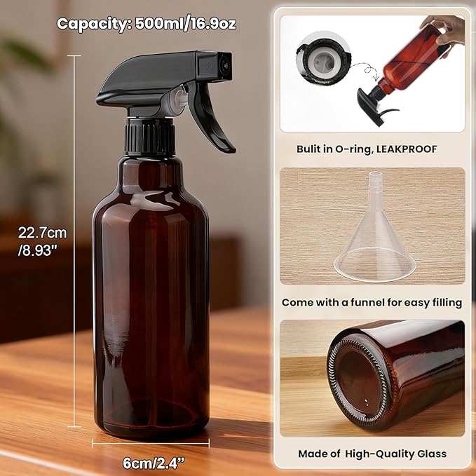 Glass Spray Bottles 16.9oz Empty Spray Bottle Mist/Stream Spraying Small Refillable Containers for Hair Care, Cleaning Solutions, Plants, Essential Oils 1 Pack (Brown-1, 16.9oz)