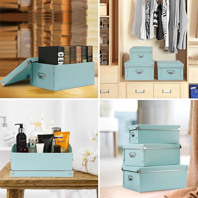 SEEKIND Foldable Storage Box with Lids and Handles Decorative, 3 in 1 Set, Multiple Size Plastic Box for Clothes, Cosmetic, Books …