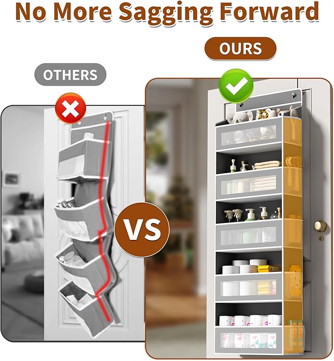 Over The Door Organizer, Over the Door Storage with 5 Large 10 Side Pockets, Hanging Door Organizer 44 lb Load Behind Door Storage, Hanging Shelf for Closet Wall Bedroom Bathroom Nursery, 5-Tier Grey