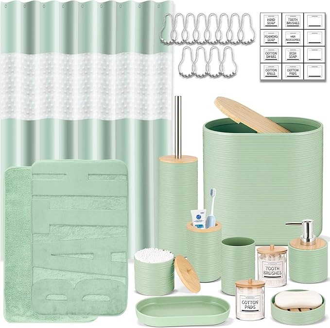 IMAVO Green Bathroom Set,26Pcs Bathroom Accessories Set with PVC Shower Curtain,Rugs,Trash Can,Tray,Soap Dispenser,Soap Dish,Toothbrush Holder,Toothbrush Cup,Toilet Brush Holder and Qtip Holders