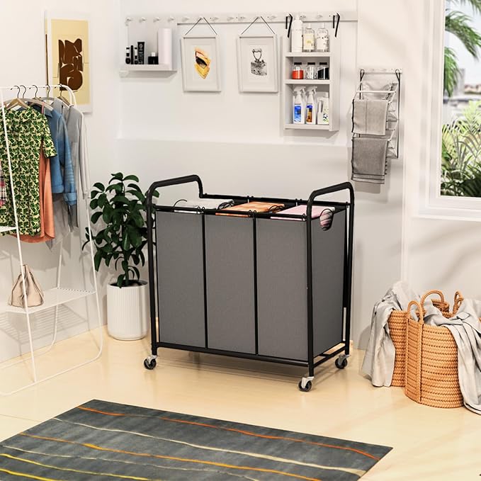 180L (47.55 Gal) Laundry Sorter 3 Section, Rolling Laundry Basket with Lockable Wheels and Lid, Laundry Hamper with 3 Separated Removable Bags Dirty Clothes Hamper for Laundry Room Organizer, Grey