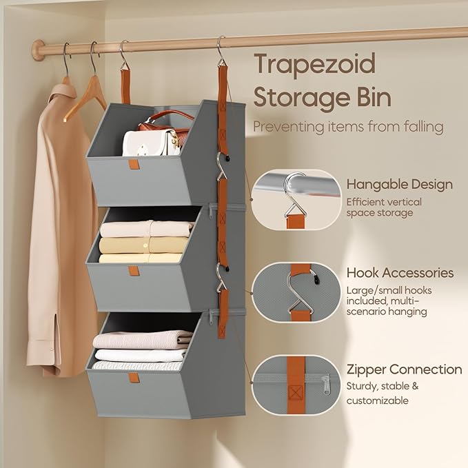 Collapsible Hanging Closet Organizer - 3 Tier Closet Shelves Storage System with Hooks, Fabric Hanging Storage Bins for Clothes, Foldable Storage Basket for Laundry, Bedroom, Rv, Grey