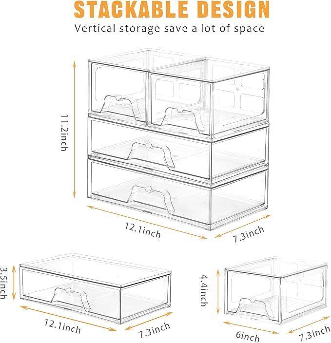 3 Pack Stackable Storage Drawers Clear Acrylic Organizer Makeup Bathroom Organizer and Storage for Beauty Supplies,Ideal for Vanity, Cabinet,Bathroom,Pantry Organization