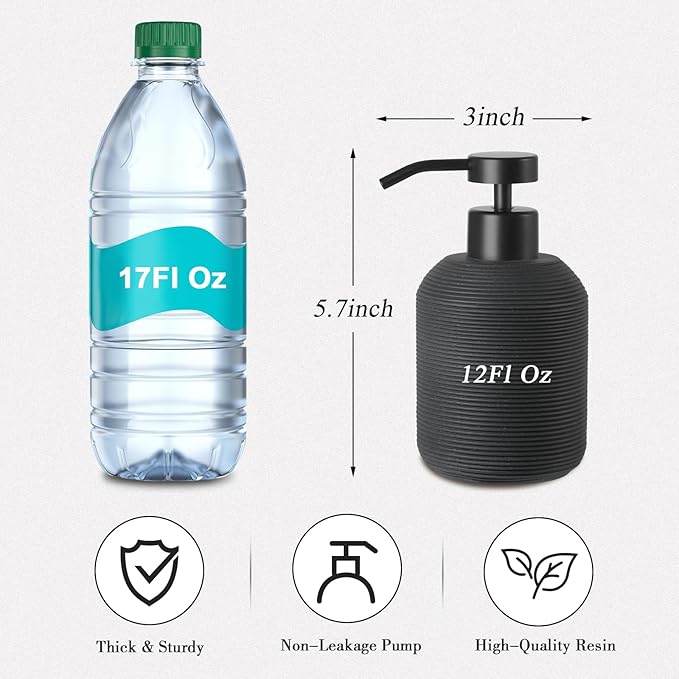 Black Hand Soap Dispenser, Matte Black Soap Dispenser for Bathroom 2 Pack, 12 Fl Oz Resin Soap and Lotion Dispensers Set with Plastic Pump, Boho Refillable Liquid Dish Soap Dispensers Bottle
