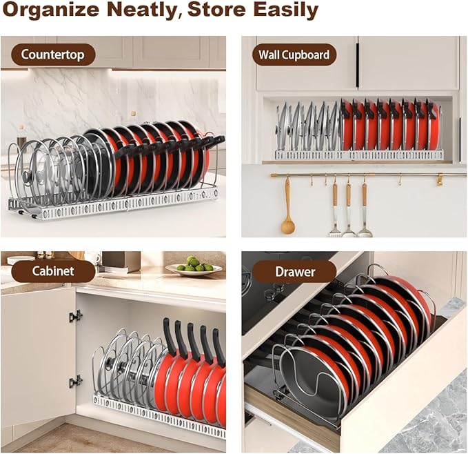 Housolution 2 Pack Pot and Pan Organizer Rack, 12"-23" Expandable Pot Lid Organizer with 14 Adjustable Dividers, Pan Holder Storage Rack for Kitchen Cabinet, Silver