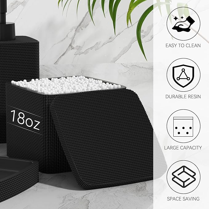 Matte Black Bathroom Accessories Set 5 Pieces, Resin Toothbrush Holders Set Complete with Soap Dispenser, Toothbrush Holder, Vanity Tray, Bathroom Tumbler and Qtip Holder for Small Spaces