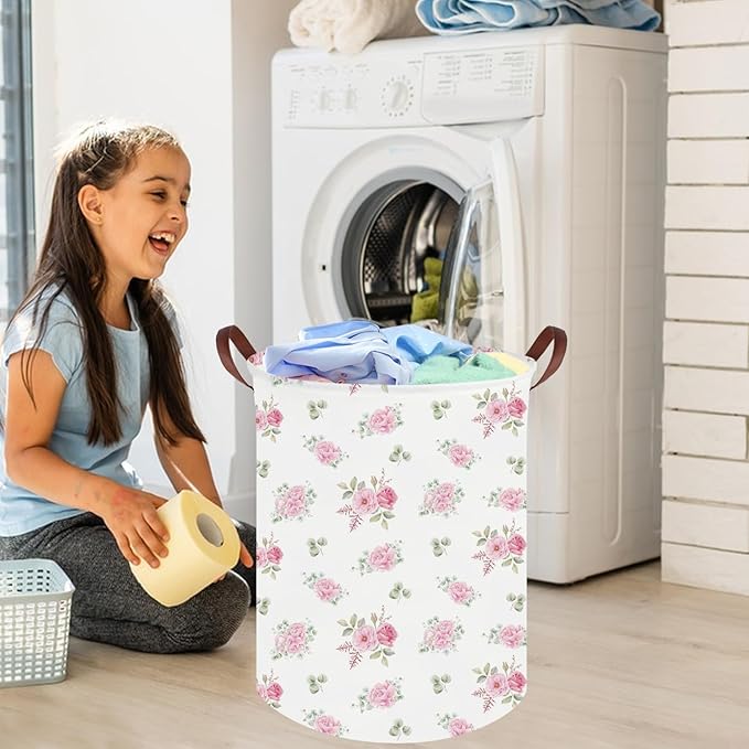 Pink Flower Laundry Basket,Nursery Baskets Girl Baby Storage Bins,Baby Girls Nursery Hamper,Waterproof foldable laundry basket,Gift Baskets,Pink Rose room Decor(Pink Rose)