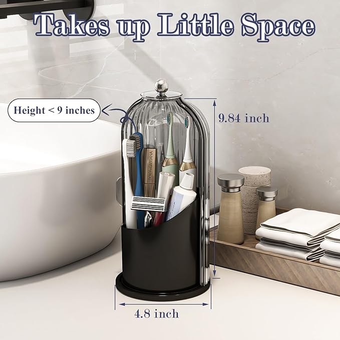 Zufudo Dustproof Toothbrush Holders with Cover, Rotating Electric Toothbrush and Toothpaste Holder for Bathroom Countertop, 3 Slots Makeup Brushes Organizer, Grey Black