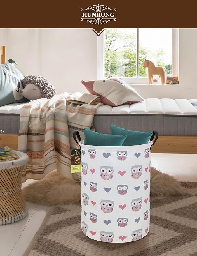 HUNRUNG Laundry Hamper,Large Canvas Fabric Lightweight Storage Basket Toy Organizer Dirty Clothes Collapsible Waterproof for College Dorms（Round-Love Owl）