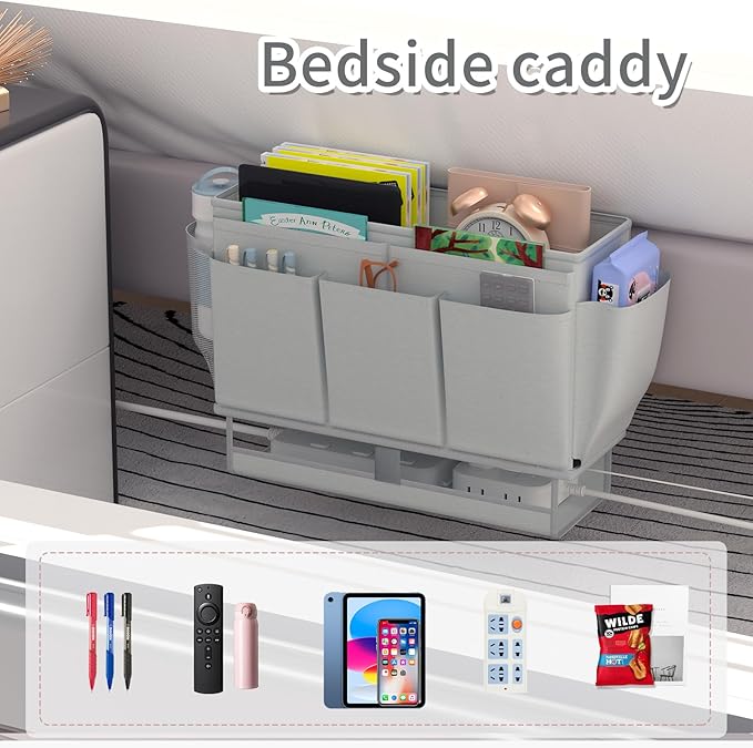 Bedside Caddy Bedside Organizer,Bed Caddy with 11 Pockets and Power Strip Holder,Versatile Bedside Storage Caddy for Home,Dorm,Bunk,Hospital,Crib Bed (Grey)