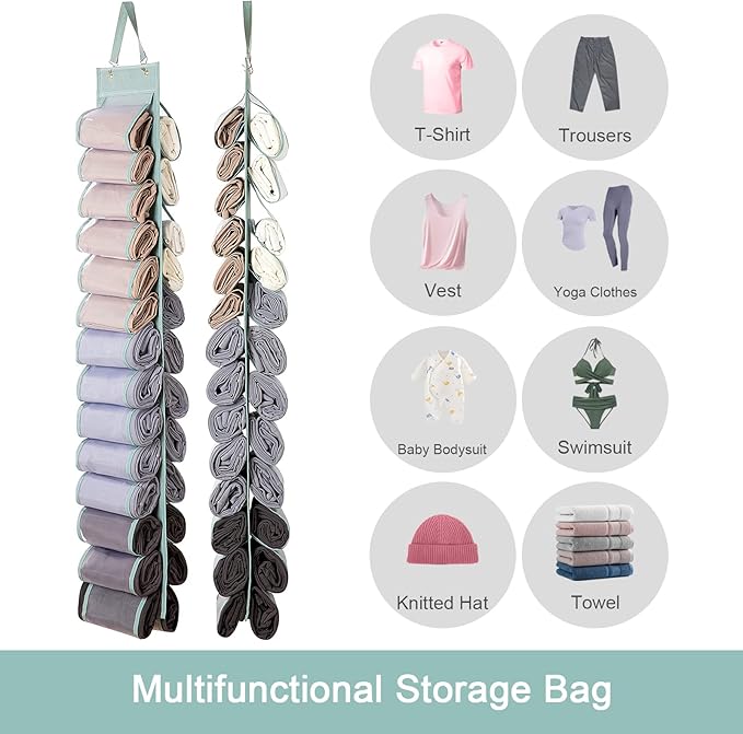 Legging Organizer Storage, T-Shirt Hanging Closet Hanging Clothes Organizer with 26 Roll Compartments for Yoga Pants, Tank Top, Towel, Underwear, Shirt (Grey)