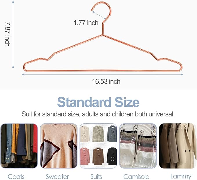 20 Pack Rose Gold Metal Hangers with Notches for Standard Suits Hangers for Shirts, Coats, Pants, Heavy-Duty & Space-Saving
