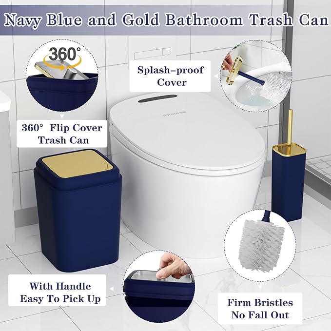Bathroom Set - Navy Blue Bathroom Sets with Shower Curtain and Rugs, 24PCS Shower Curtain Set with Hooks, Soap Dispenser, Soap Dish, Toilet Brush Holder and Trash Can for Housewarming