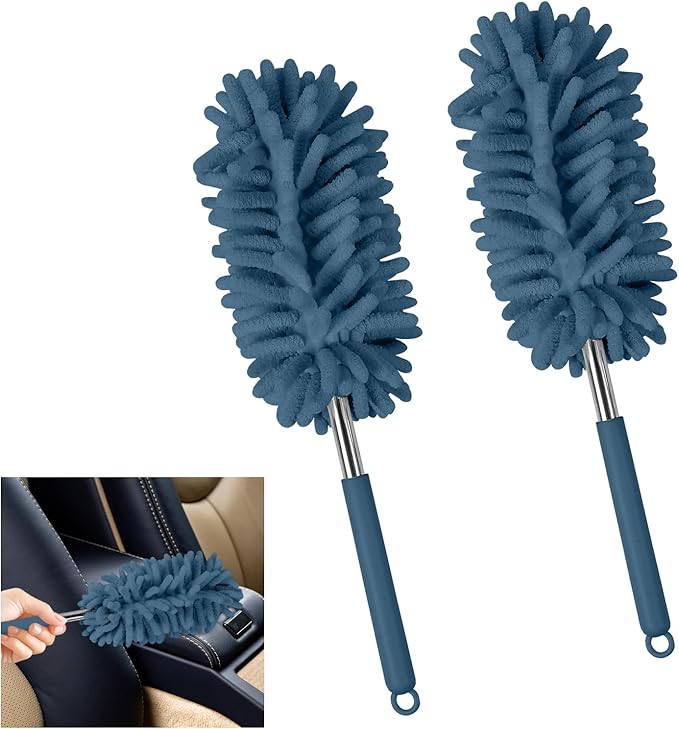 2PCS Car Interior Duster with Extension Pole, Soft Chenille Microfiber Duster for Cleaning, Scratch Free & Lint-Free, Washable Cleaning Brushes for Vehicle Details, Home, Office (Blue)