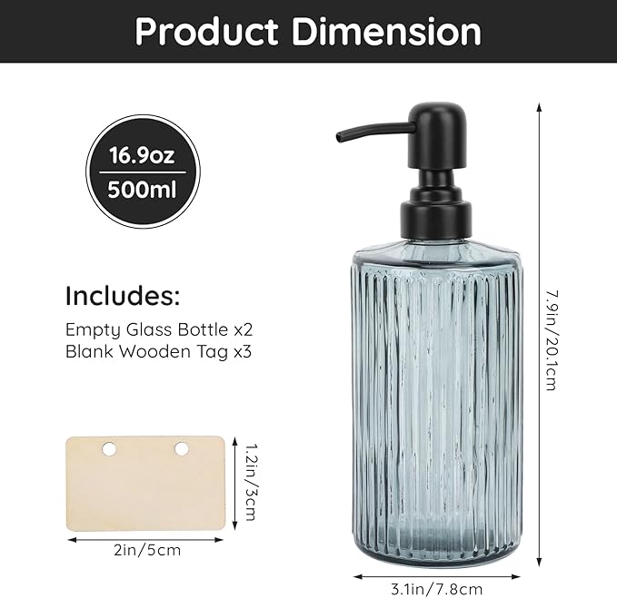 Segbeauty 16.9oz Glass Soap Dispenser for Kitchen, 2 Pack 500ml Large Pump Bottles with Blank Tag, Shower Soap Dispenser Bathroom Modern Decor Kitchen Hand Dish Shampoo and Conditioner Dispenser