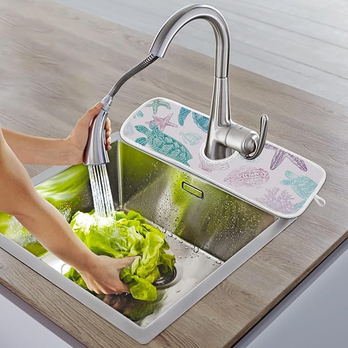 Sink Faucet Absorbing Mat Kitchen Sink Splash Guard Splash Faucet Drip Catcher for Bar RV Bathroom 2PCS 14.9x5.5in Line Turtles Starfish and Coral