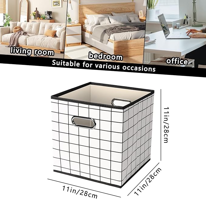 Yunkeeeper storage bins Cubes, Fabric Cube Organizer with Handle, Foldable Cube Bins for Cloth or Accessary Storage, 11x11x11, Set of 3,(White grid)