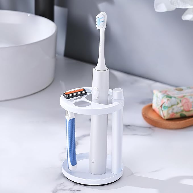 Toothbrush & Toothpaste Holder for Bathroom Countertop, Metal Electric Toothbrush Stand with Razor Slot, Ideal Design Caddy for Kids & Family, Stainless Steel Bathroom Accessories, White