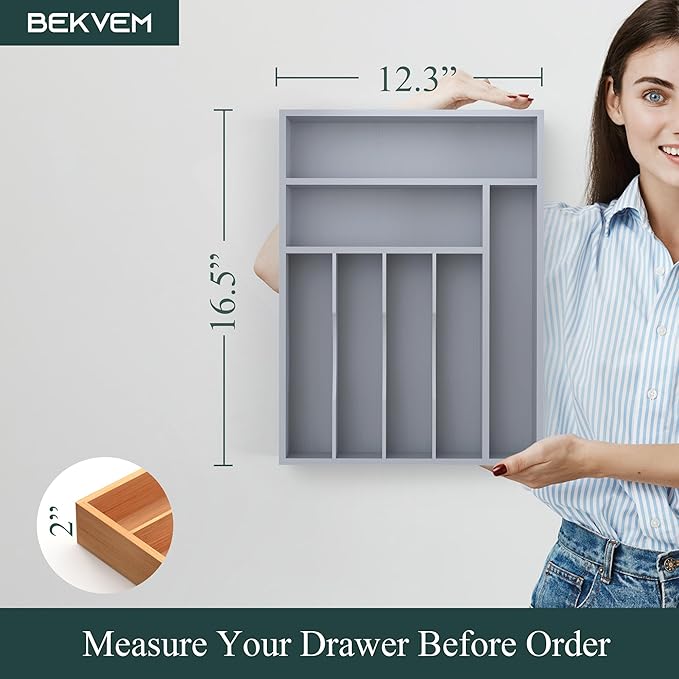 Bamboo Silverware Organizer, Kitchen Drawer Organizer, Utensil Holder, Cutlery Tray & Spoon Flatware Storage with Grooved Drawer Dividers (7 Slots, Grey)
