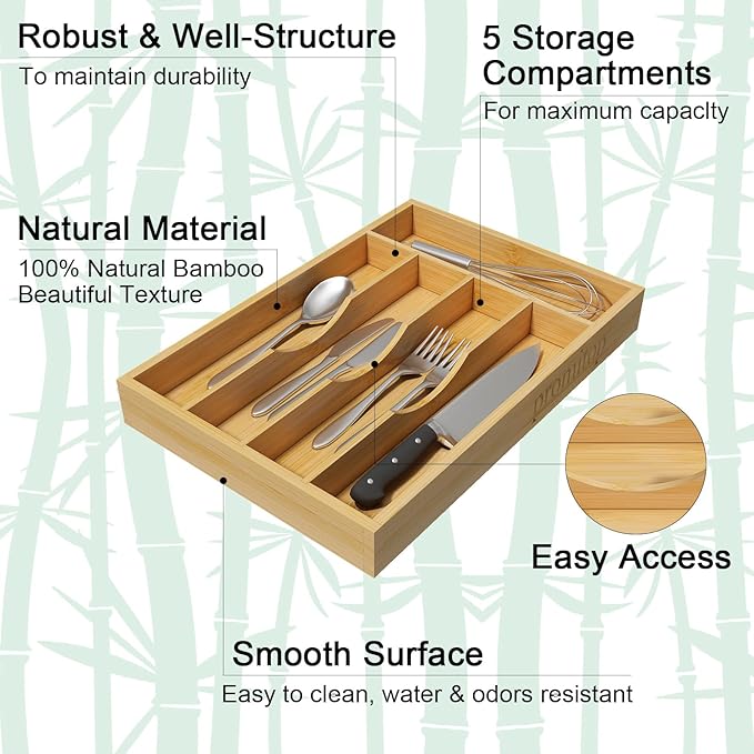 Bamboo Utensil Organizer for Kitchen Drawers, Utensil Tray and Cutlery Silverware Holder,Wood Drawer Dividers with 5 Slots（2 pack）