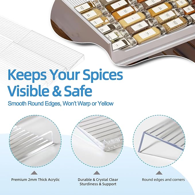 Spice Drawer Organizer, 8PCS Seasoning Organizer Clear Spice Rack for Drawer, Expandable from 11'' to 22'' Spices Kitchen Organization Rack for Drawer & Countertop