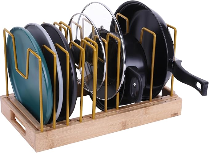 Bamboo Pot Lid Organizer Pot Lid Holder, Pot and Pan Organizer Drawer Organizer for Pot Lids, Pans, Cutting Boards & Baking Sheets, Dinner Plates, Reusable Containers in Cabinet Storage