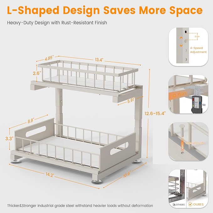 Under Sink Organizer, Heavy Duty Metal Pull Out Cabinet Organizer Slide Out Sink Shelf Organizer Height Adjustable, Multi-Purpose Storage Shelf for Kitchen Bathroom(Sand,1Pack)
