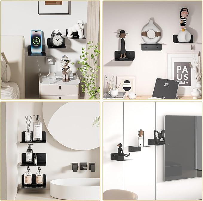 Wisfame Small Wall Shelves Set of 3, 5 Inch Metal Display Ledges for Small Models, Funkos, Collectibles, Little Statues, Adhesive Floating Shelves for Bathroom, Living Room, Bedroom (Black)