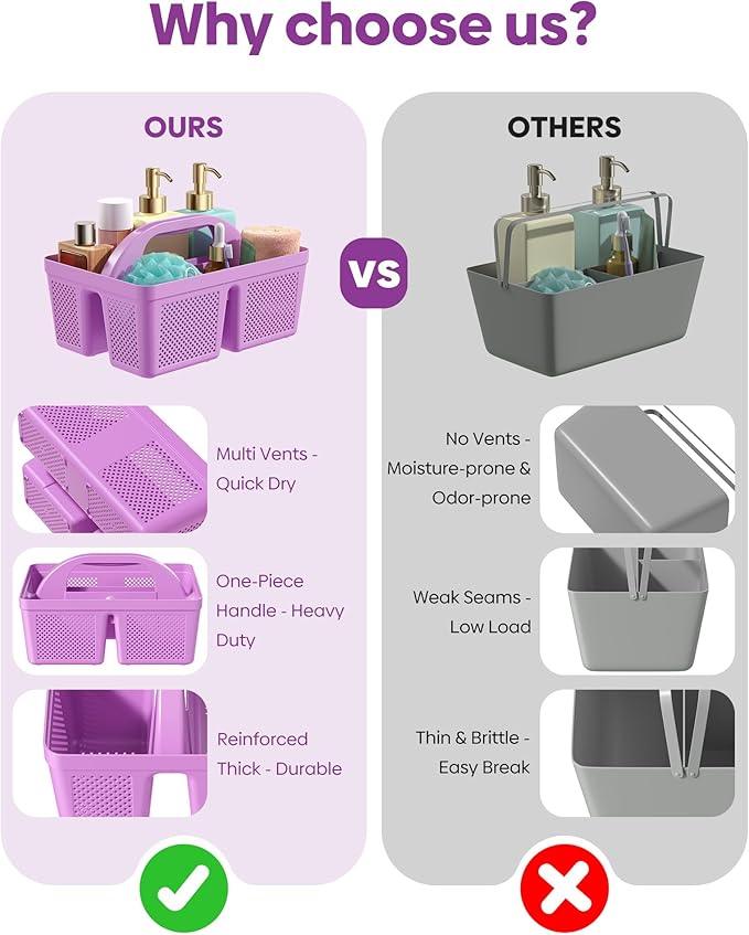 MLIKLU 4 Pack Portable Shower Caddy, Integrated Handle, Reinforced Plastic, Quick-Dry Ventilation Holes, Multi-purpose Storage Basket for Home, Dorm and Bathroom, Kitchen, Under Sink Storage, Purple