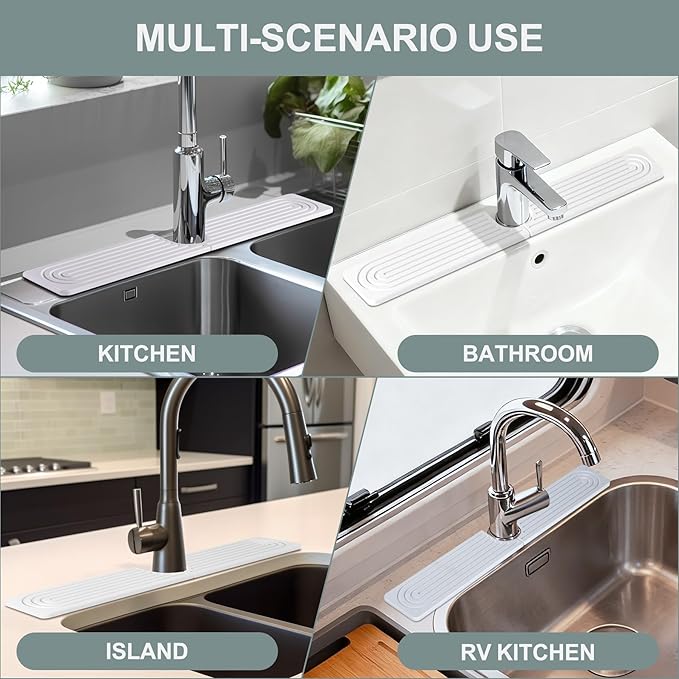 Meiliweser Stone Faucet Mat for Kitchen Sink, Quick Dry Diatomite Sink Splash Guard, Upgraded U-shaped Drying Sink Protectors, Non-Slip Stone Tray for Bathroom Counter (23.6"x4", White)