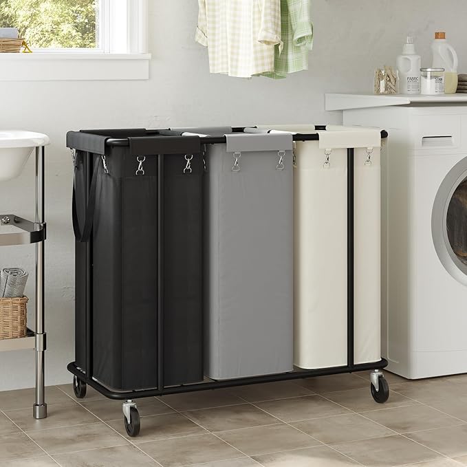 WOWLIVE Laundry Hamper with Wheels 260L Rolling Laundry Basket 3 Section Organizer Laundry Cart with Steel Frame and Removable Bags Large Dirty Clothes Hamper Dorm Room Storage for Bedroom