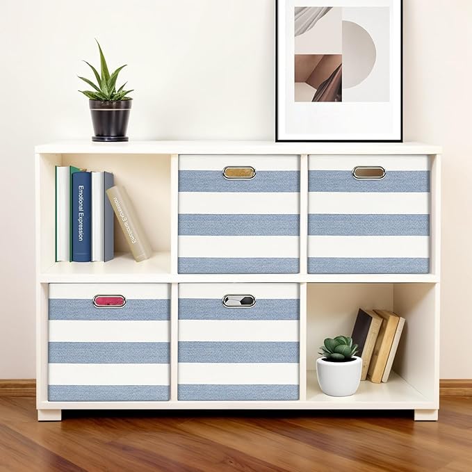 Foldable Cube Storage Bin Organizing Baskets Cubby Boxes Fabric Storage Cubes Organizer Bins with Handles for Organization Shelf Closet, 13"x13"x13", Pack of 4, Blue/White Stripe