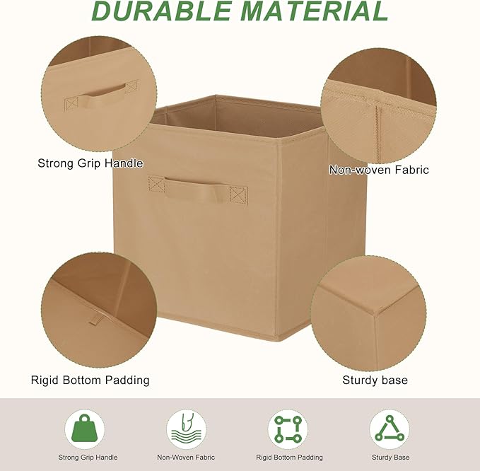 uxcell 3Pcs Fabric Storage Bins, 11 Inch Cube Storage Bin Foldable Storage Cube Organizer Bins with Handles for Shelf Closet, Nursery Home, Bedroom(Khaki)
