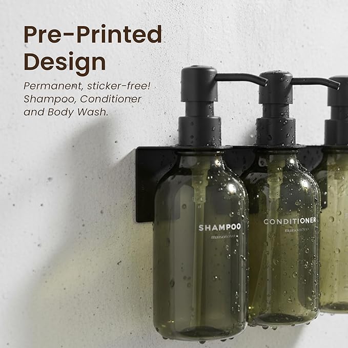 MaisoNovo Shampoo and Conditioner Dispenser - Shower Soap Dispenser Wall Mounted - 16.9 fl oz Set of 3 Green Plastic Bottles Black Plastic Pump - Shampoo Dispenser, Shower Dispenser