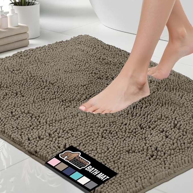 GORILLA GRIP Bath Rug Mat 30x20, Thick Soft Absorbent Chenille, Quick Dry Microfiber Mats, Rubber Backing Washable Shower Floor Rugs, US Designed Bathroom Bathmat Home Decor Accessories, Latte