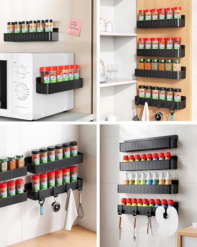 Nieifi Spice Rack Wall Mount, 4 Pack, Black, Screw or Adhesive Installation, Spice Rack Organizer for Your Kitchen Cabinet or Pantry Door