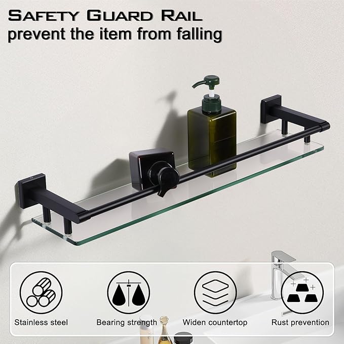 SFGSOWOR Glass Shelf for Bathroom Wall Sheves 24 inch Rectangular Stainless Steel Tempered Glass Modern Stainless Steel Wall Mount Accessories Organizers Storage (Matte Black)