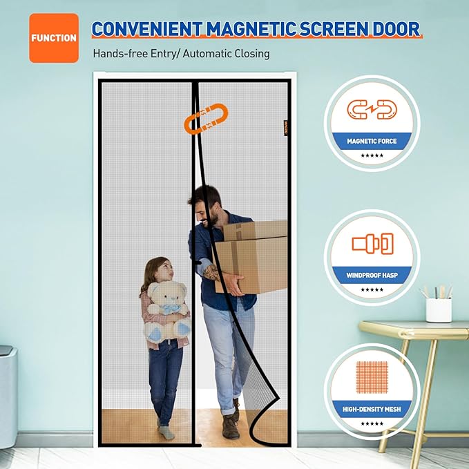 MAGZO Magnetic Screen Door, Fit Door Size 34 x 82 Inch, Actual Screen Size 36" x 83" Durable Fiberglass Mesh Curtain Middle Opening Screen Door with Full Frame Hook&Loop-Gray
