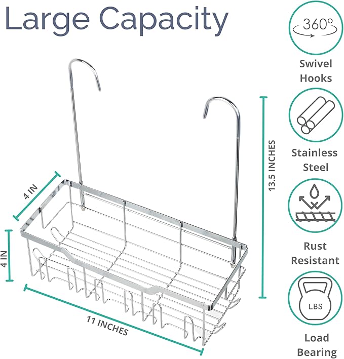 Small Shower Caddy Hanging - Shower Door Caddy Hanging with Rotatable Hooks and Adhesive Mount - Perfect for Bathroom Toiletries - Spacious & Convenient Bathroom Storage Solution 304 Stainless Steel