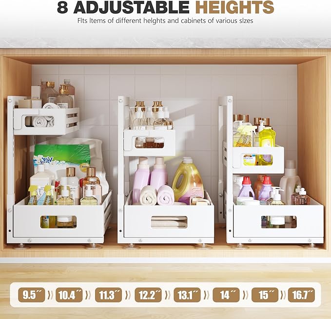 1 Pack Under Sink Organizer,Pull Out Cabinet Organizer with Smooth Cylindrical Rail,Metal Slide Out Drawer for Kitchen Bathroom Laundry Cabinet,8-Level Tool Free Height Adjustable-White