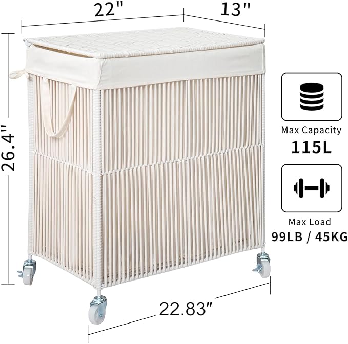 WOWLIVE Laundry Hamper with Wheels, Handwoven Rolling Laundry Basket with Lid, Clothes Hamper with Divided Removable Liner Bag, 115L Large Laundry Sorter Laundry Room Organization, Creamy White