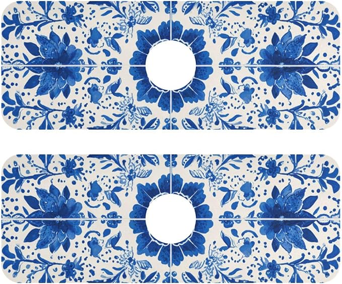 Kitchen Sink Splash Guard 2 PCS 14.7 Inch Sink Faucet Mat Splash Guard for Bathroom Countertop Water Absorbent Foldable Cuttable Soft Washable Floral Blue and White Tile