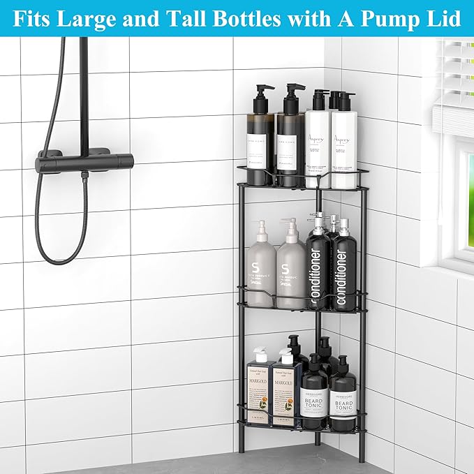 3 Tier Floor Standing Corner Shower Caddy Organizer Shelf with Hooks, Bathroom Shelves Stand Rack, Black