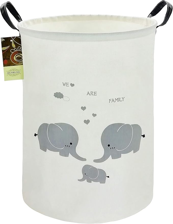 HUNRUNG Laundry Hamper,Large Canvas Fabric Lightweight Storage Basket Toy Organizer Dirty Clothes Collapsible Waterproof for College Dorms, Children Bedroom,Bathroom（Round-Family Elephants）