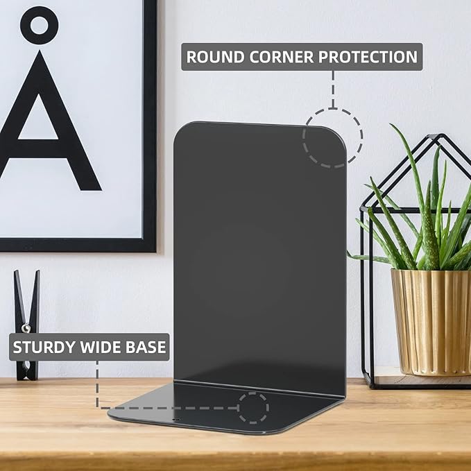 VFINE Metal Bookends 2 Pairs, Black Book Ends, Bookends for Shelves, Book Stopper for Heavy Books, Book Dividers for Home Office School Supplies
